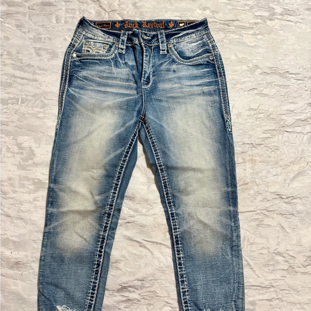 Rock Revival Blue Skinny Jean Capris with Distressed Details